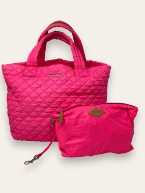 MZ Wallace Small Metro Quilted Neon Pink Fluorescent Shoulder Tote Bag